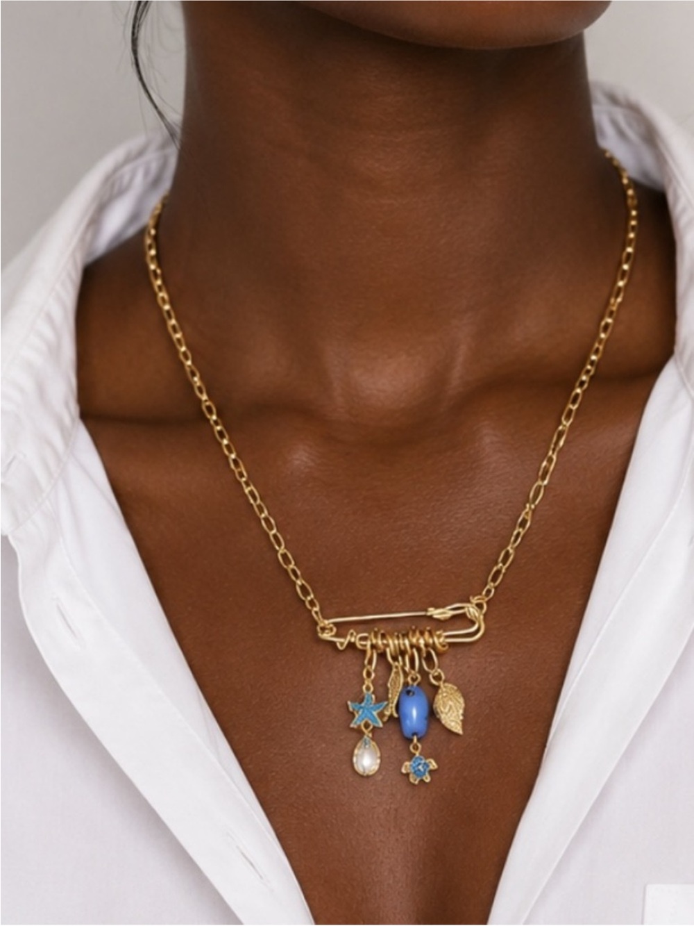 New! Coastal Gold Safety Pin Fish Charm Necklace NWOT 1075